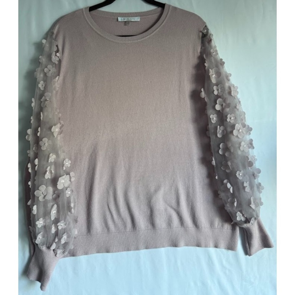 Sioni Milano Sweater‎ Women 1X Purple Puff Sheer Floral Mesh Sleeves Kinit